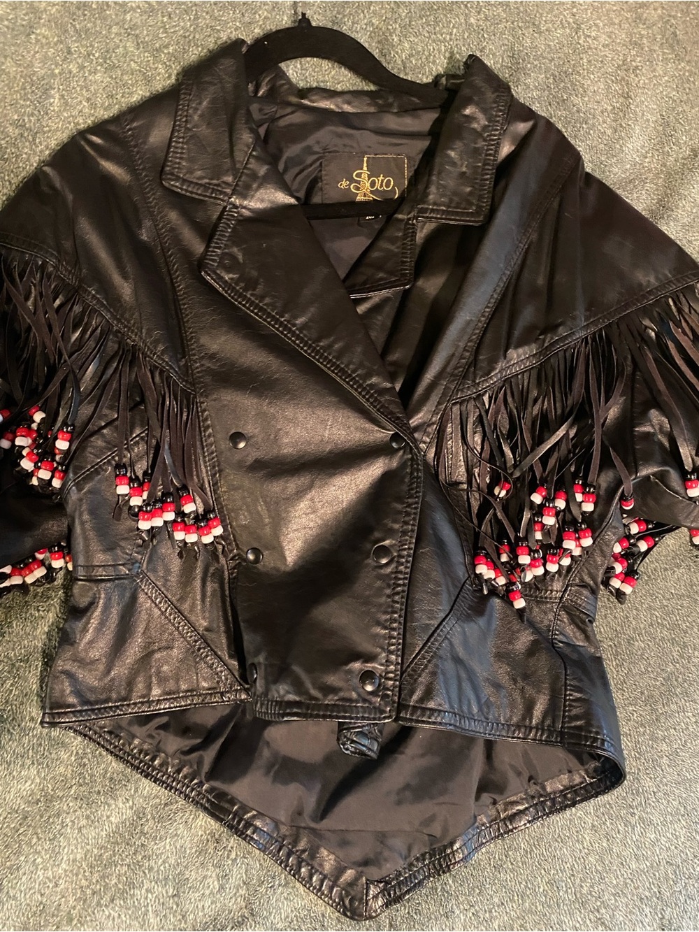 Unique Black Leather Fringe Beaded Jacket
